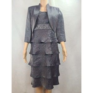 David's Bridal Women's (8) Gray Shimmer Embroidered Waist Tiered Jacket Dress